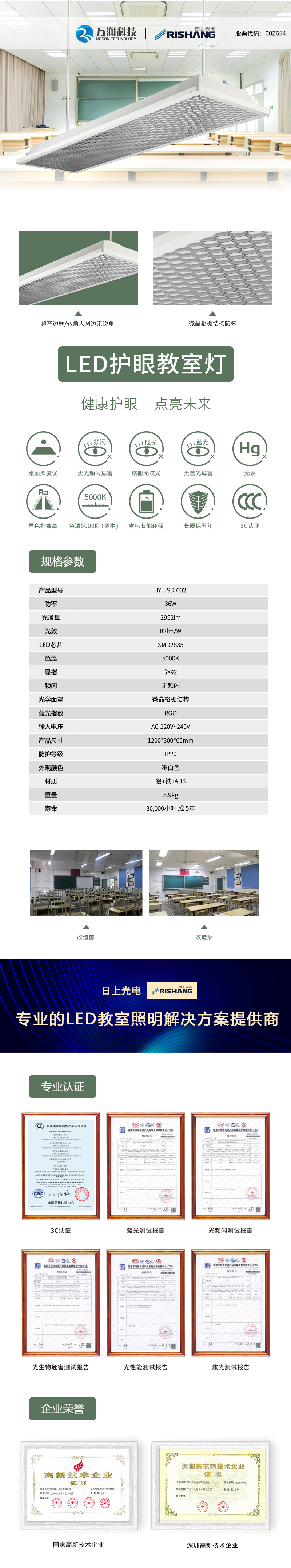 日上光电 LED教室灯 防眩光无频闪 健康护眼 教室照明 节能环保 JY-JSD-002